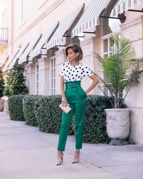 Instagram fashion with trousers, white top with polka dots, formal high  waisted pants outfits, stylish wide leg trousers