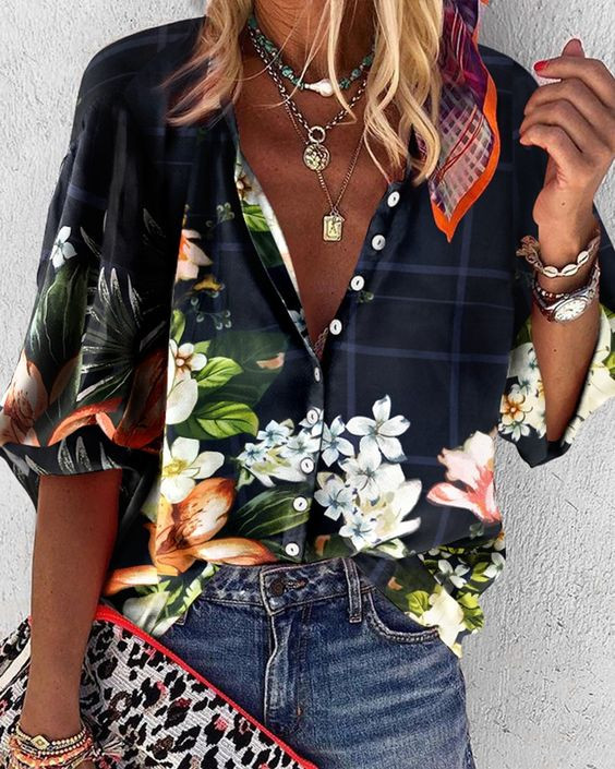 Orange and black colour outfit ideas with top, shirt, blouse, black floral outfit, casual dresses: 