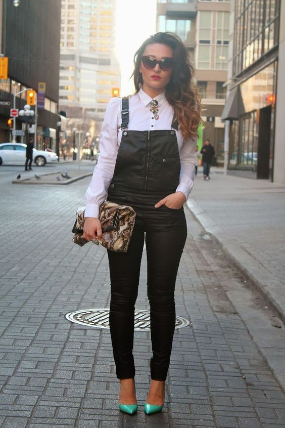 Black overalls with white shirt, fashion, stylish, instagram model, cute  hairstyles on dungaree dress,