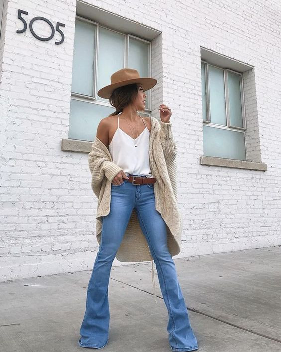 Cute flare jeans outfits, street fashion, bell bottoms, dress