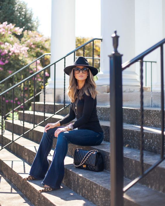 Black colour outfit, you must try with flare jeans, denim, hat