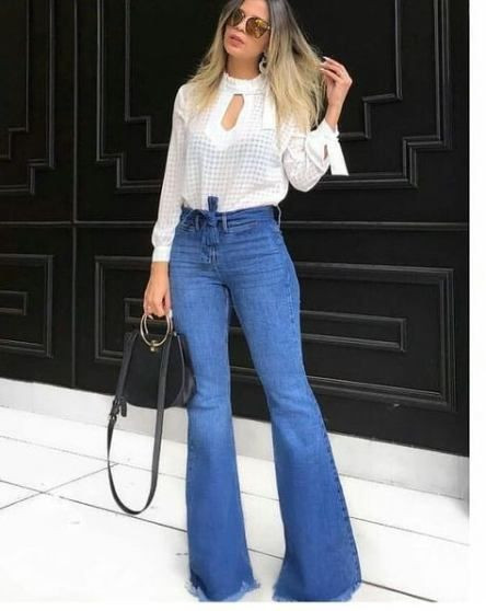 White colour combination with dress shirt, flare jeans outfits: Loose jeans  