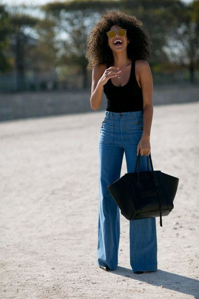 Wide leg jeans and bag, flare jeans, black top: tank top  