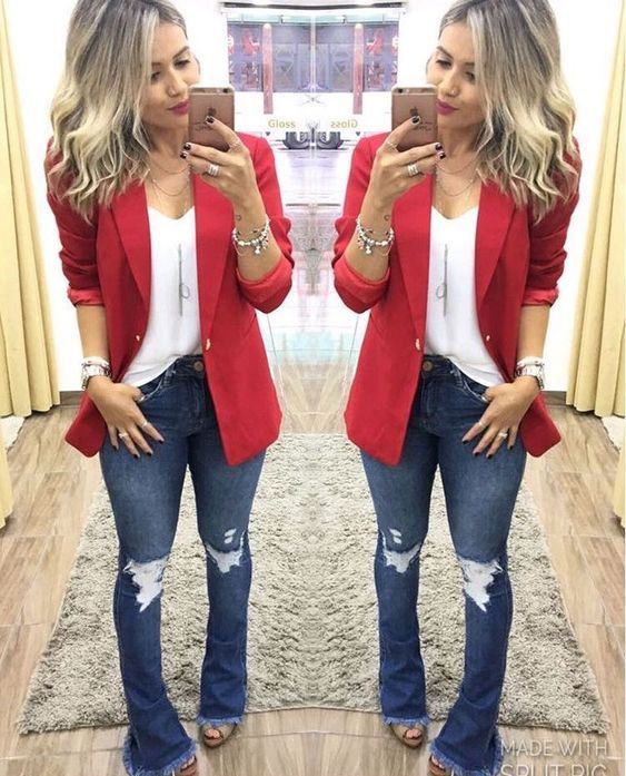Clothing ideas with red blazer, white top, flare jeans outfits