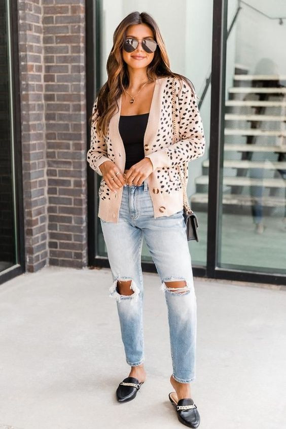 Black Dotted Print Knit Cardigan with ripped jeans: Boyfriend Jeans,  Cardigan Jeans  