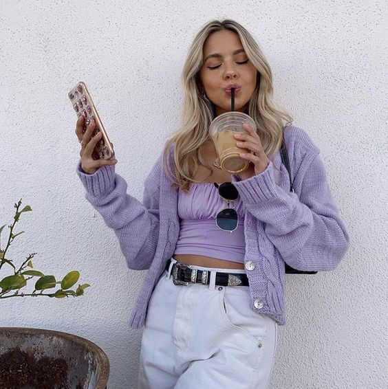 Purple pinterest girl outfit, jeans, cute violet sweatshirt, purple dress top, casual purple outfits: 