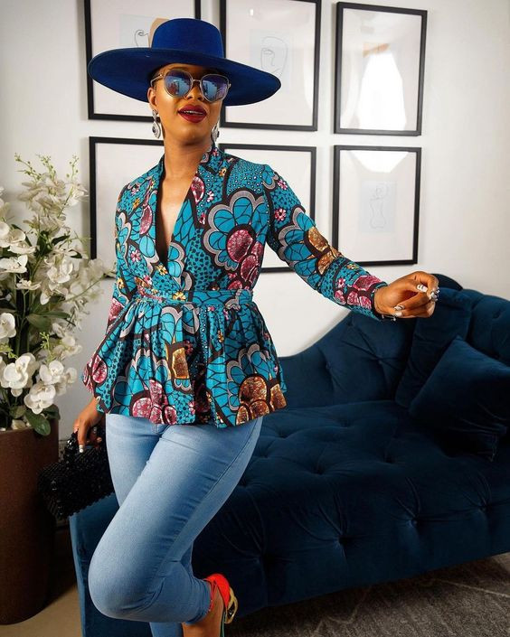 Colour outfit ideas jeans ankara tops african wax prints, long sleeve casual blouse, trendy top: ankara tops,  Ankara With Denim  