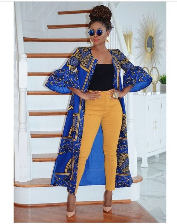 Yellow and purple outfit style with pant and kimono jacket: 