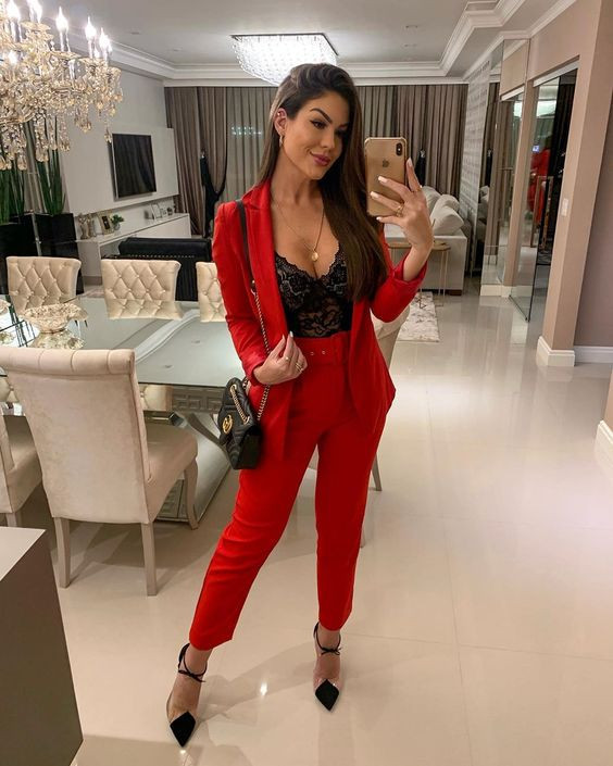 Red suit with black lace