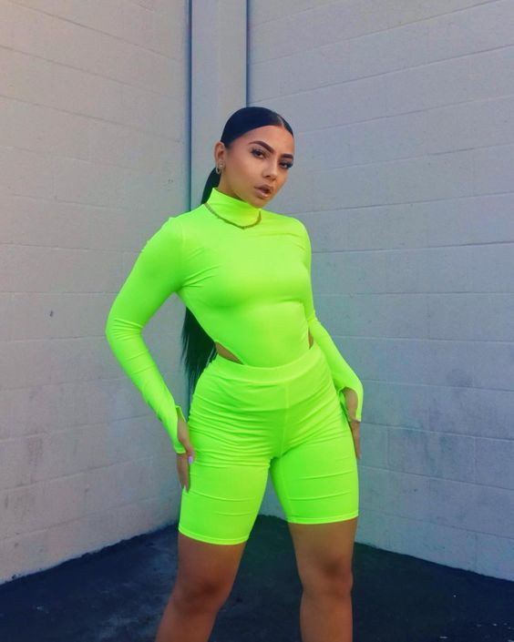 Neon look inspiration with t-shirt, trousers, sportswear: Neon Dress  