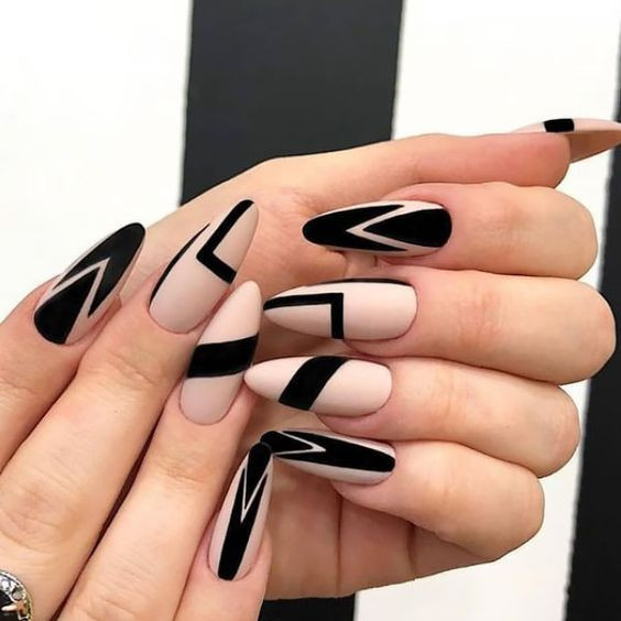 Black almond nails design, french manicure: Nail art  