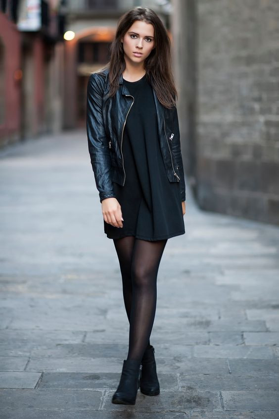 Wearing Leggings Under Black Mini Dress & Leather Jacket: Black Leather Jacket  