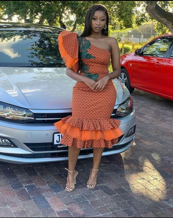 Green and orange shweshwe dresses for prom: 