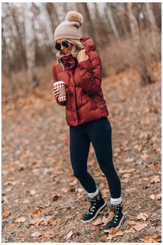 Women's Dark Blue And Navy Casual Legging, Red Winter Jacket, Black Chelsea And Ankle Boot, Fur: 