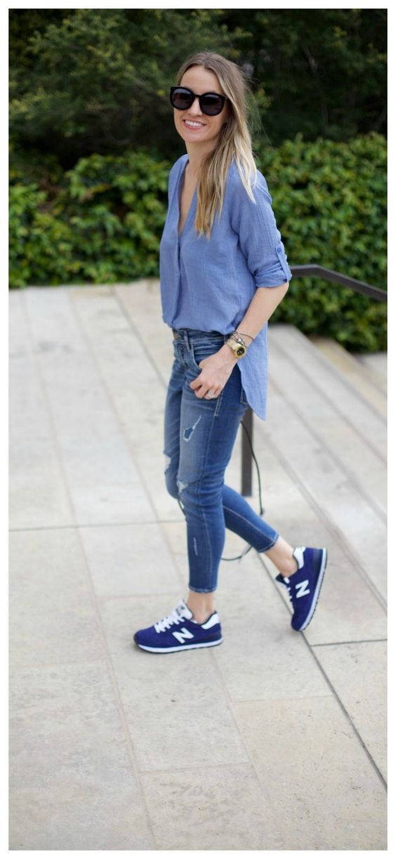 New Balance Outfit, Light Blue Casual Trouser Outfit Ideas With Light Blue Denim Shirt, Blue Sneaker Outfit: 