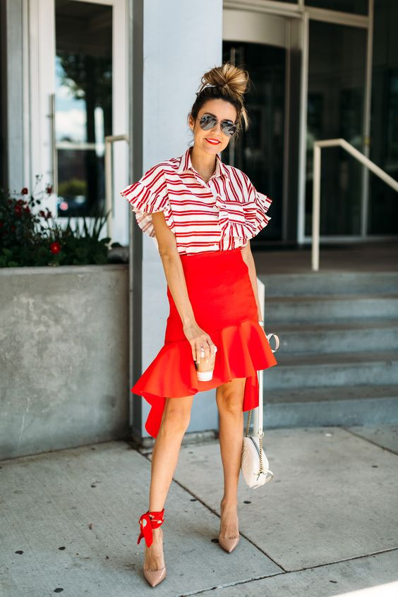 Women's Red Elegant Cotton Formal Skirt, Yellow Smart Casual Cotton Shirt - 4th Of July Outfit: 