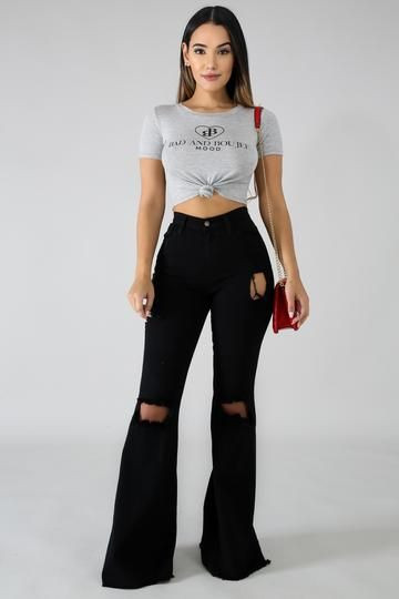 Black Logo Casual Denim Casual Trouser, White Cotton Crop Tops, - Pantalon Acampanado Mujer: 