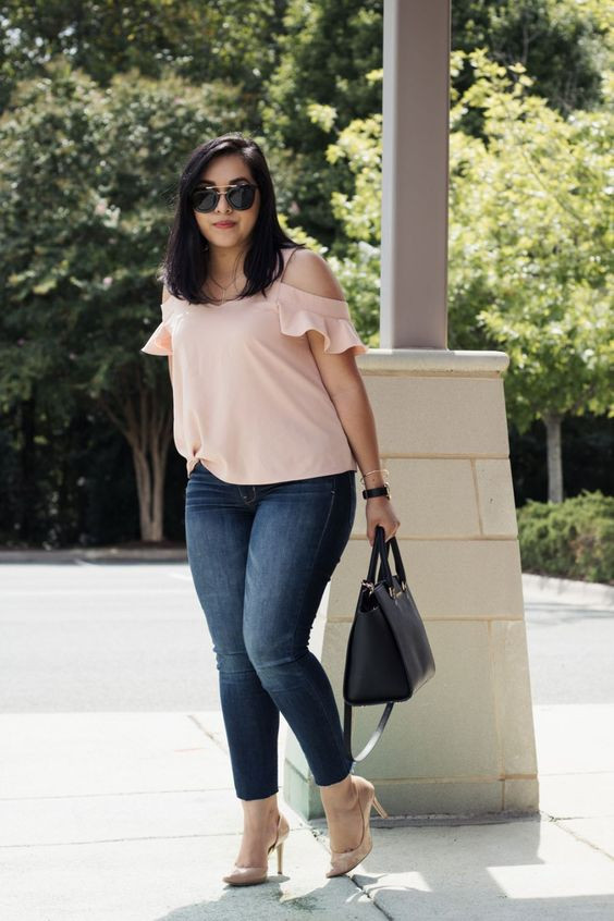 Women's Dark Blue And Navy Casual Denim Jeans, Pink Casual Cotton T-shirt, White Sneaker - Jeans: 
