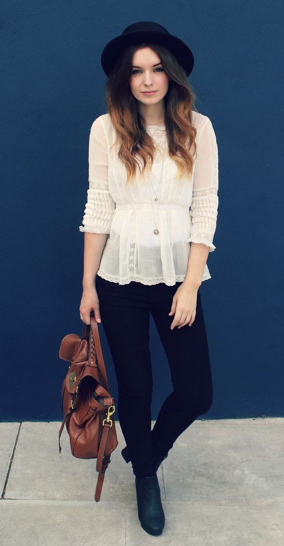 White Cropped Blouse Outfit Ideas With Dark Blue And Navy Casual Trouser, Fashion Model: 