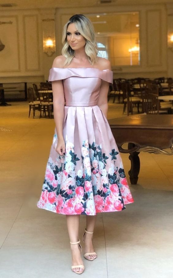 Tea Party Outfit, Pink Bardot Top Outfit Ideas With Casual Skirt, Vestido Midi Festa: 