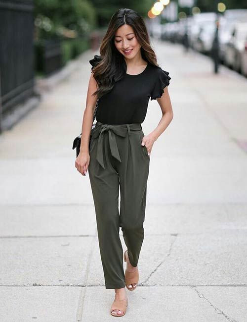 Women's Green Elegant Cotton Suit Trouser, Black Casual Cotton Upper, White Casual Sandal - Olive Green Pants Women's Outfit: 