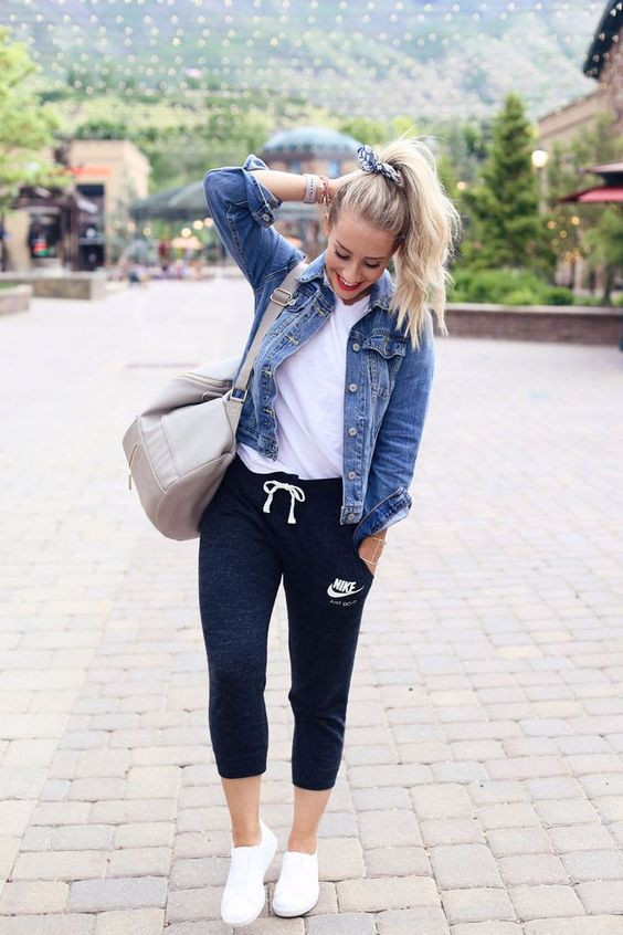 Women's Dark Blue And Navy Sport Denim Sweat Pant, - Sweatpants And Jean Jacket Outfit: 