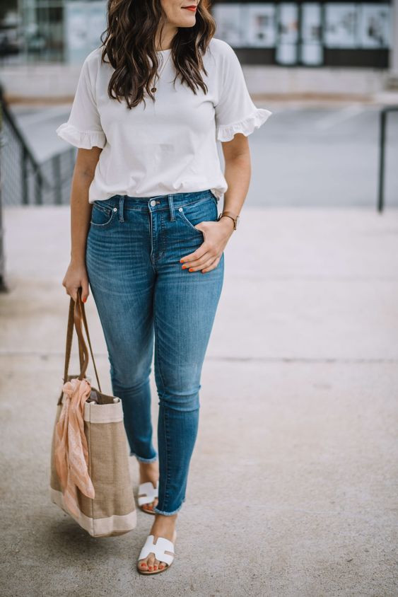 Women's Dark Blue And Navy Casual Denim Trouser, White Casual Cotton Blouse - Jeans: 