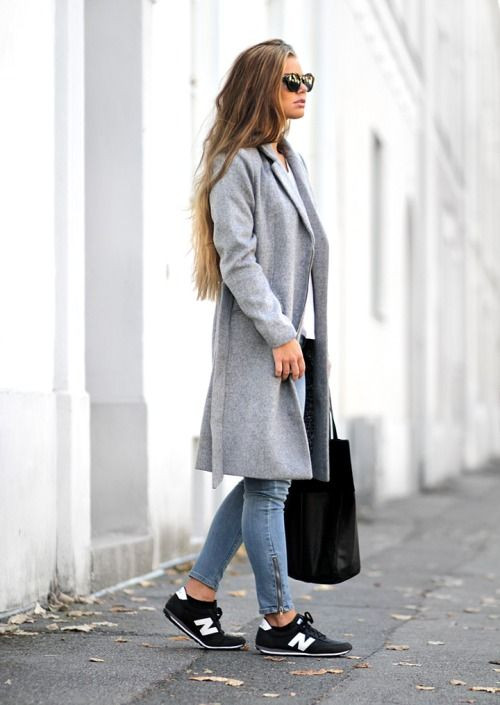 New Balance Outfit, Grey Wool Coat Outfit Ideas With Light Blue Casual Trouser, Jeans: 