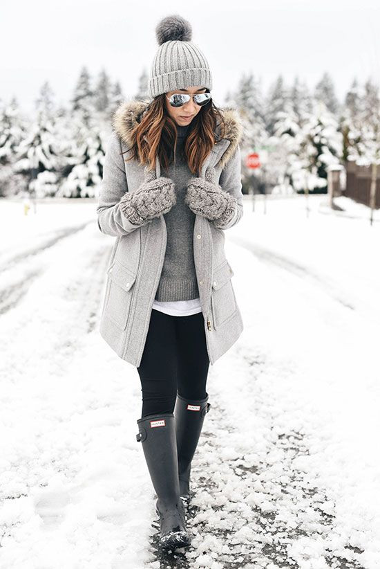 Women's Grey Casual Denim Legging, Grey Casual Textile Parka Coat - Snow Weather Outfits: 