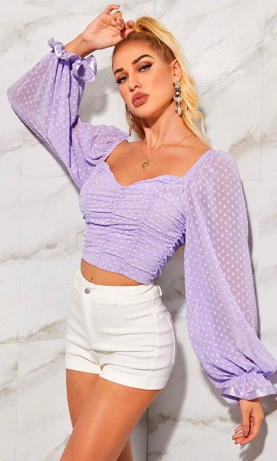 Women's White Jeans, Purple And Violet Upper, Purple Puff Sleeve Top: 