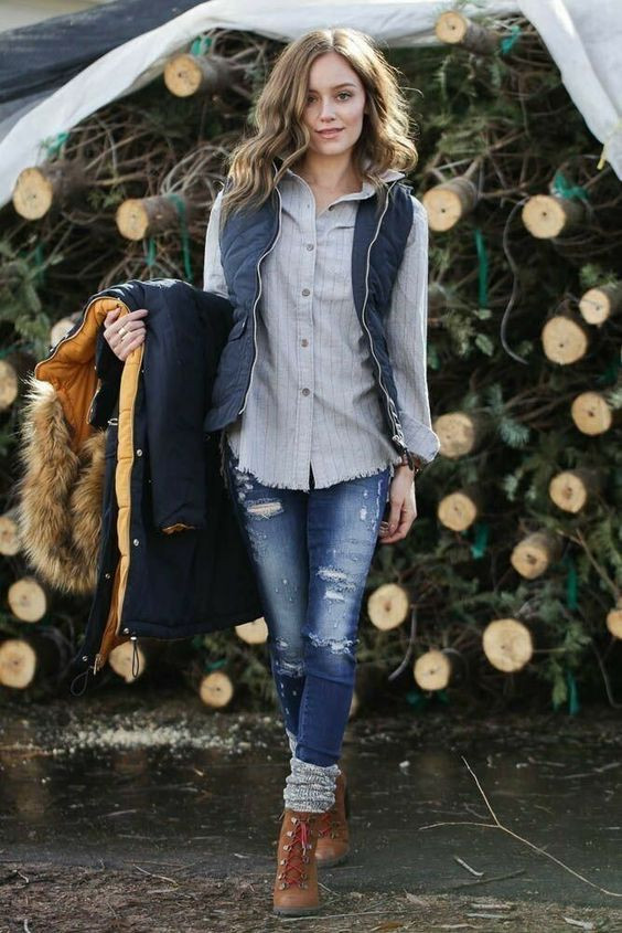 Women's Dark Blue And Navy Casual Denim Trouser, Light Blue Casual Blouse, Brown Casual Boot - Jeans: 