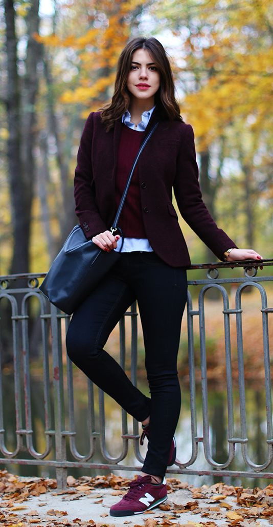 New Balance Outfit, Dark Blue And Navy Formal Trouser Outfit Ideas With Purple And Violet Pilot Jacket, Business Casual Women Winter: 