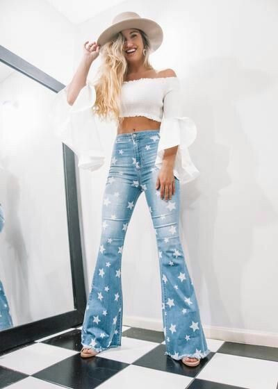 Women's Light Blue Patterned Casual Denim Jeans, White Denim Bardot Tops, Casual Sandals - Cute Bell Bottom Jean Outfits: 