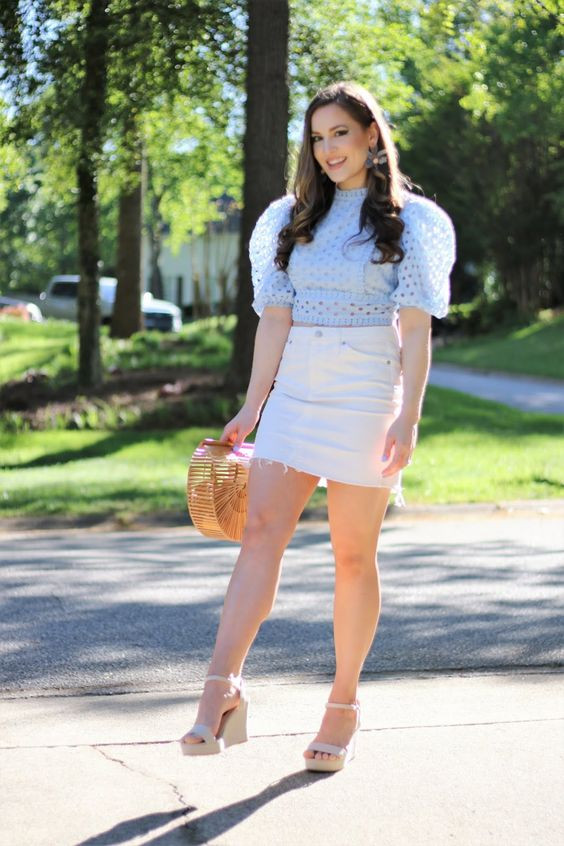 Women's White Casual Skirt, Light Blue Sweater, White Casual Sandal, Jeans: 