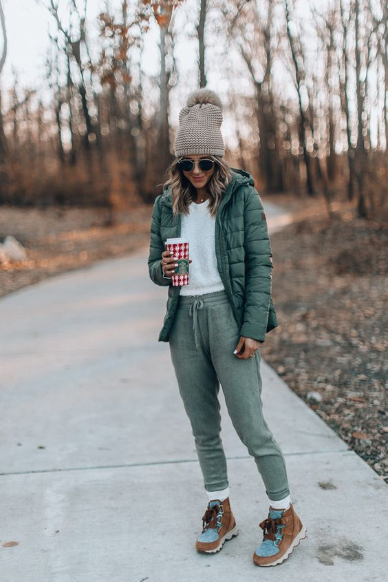 Women's Grey Casual Denim Trouser, Green Casual Synthetic Winter Jacket - Winter Camping Outfits: 