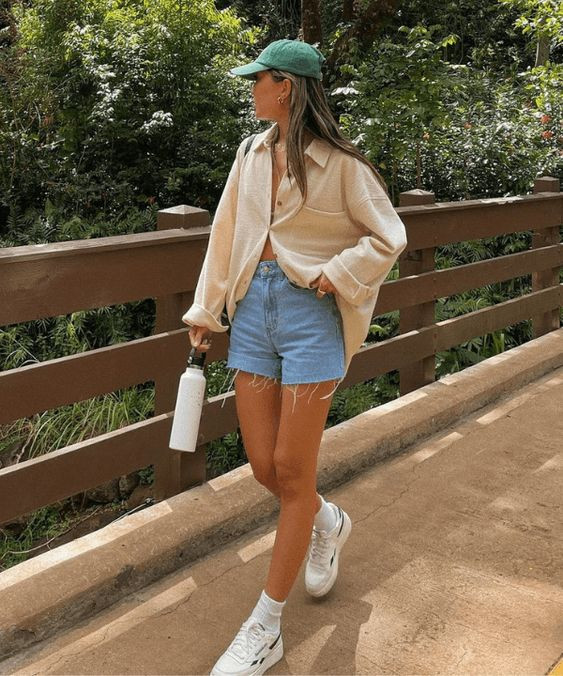 Women's Light Blue Casual Denim Short, Beige Casual Textile Jacket, White Classic Sock - Shorts: 