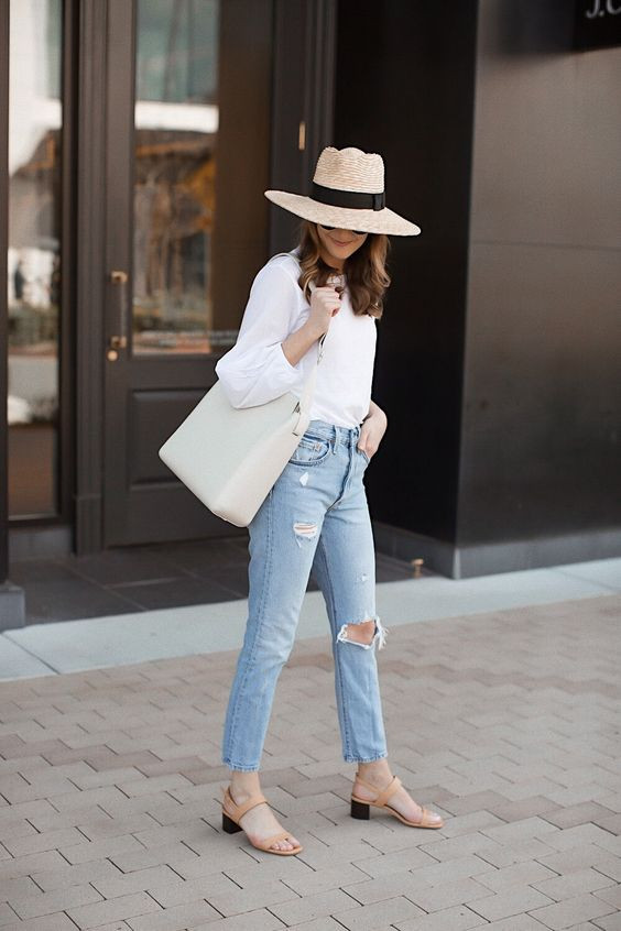 Straw Hat Outfits With White Top And Light Blue Ripped Jeans: Denim Pants  