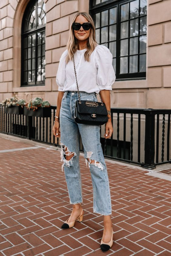 Women's Light Blue Casual Trouser, White Cropped Blouse, Beige Casual Sandal, Jeans: 