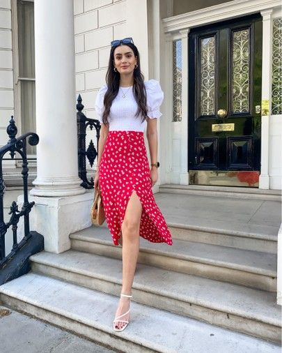 Women's Red Wrap Skirt, White Crop Top, Beige Formal Sandal, Slit Skirt: 