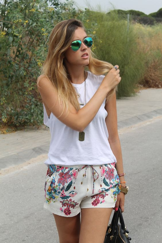 Swim Short, Floral Shorts Fashion Tips With White Tank Top, Shorts: Summer Short  