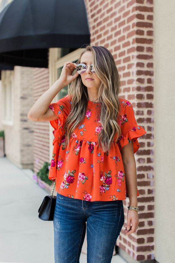 Women's Dark Blue And Navy Casual Denim Jeans, Orange Casual Cotton Crop Top - Summer Floral Blouse Outfit: 