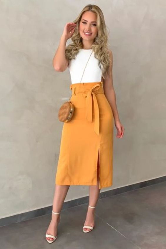 Tea Party Outfit, White Upper Outfit Ideas With Orange Pencil And Straight, Faldas Bonitas De Moda: instagram outfits  