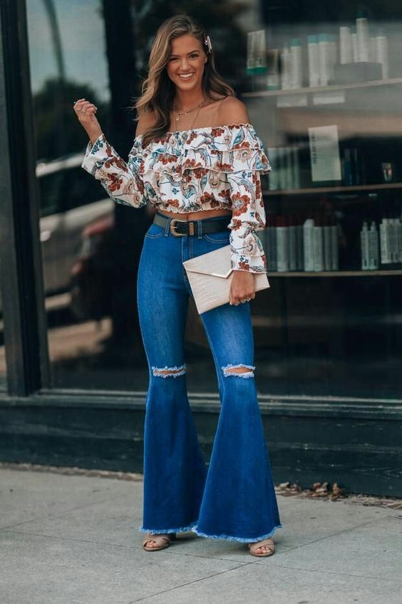 Dark Blue And Navy Casual Denim Jeans, Cotton Bardot Tops, Formal Sandals - Western Outfits With Bell Bottoms: 