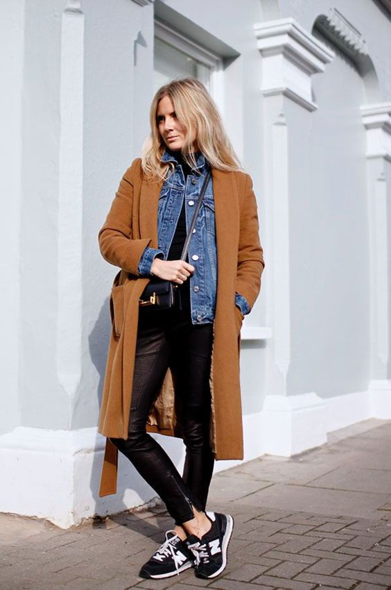 New Balance Outfit, Brown Wool Coat Outfit Ideas With Black Leather Trouser, Layer A Jean Jacket: instagram outfits  