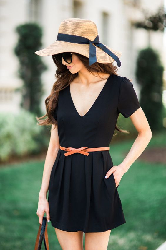 Outfit Ideas With Black Cocktail Dress Mini Tiered Fit & Flare Dress, Women Summer Dresses And Hat: 