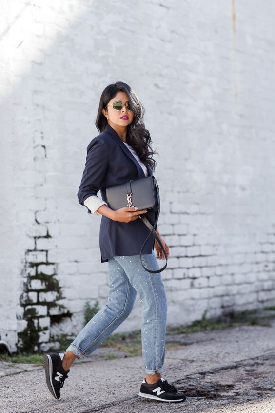 New Balance Outfit, Dark Blue And Navy Biker Jacket Outfit Ideas With Light Blue Jeans: Denim Pants  