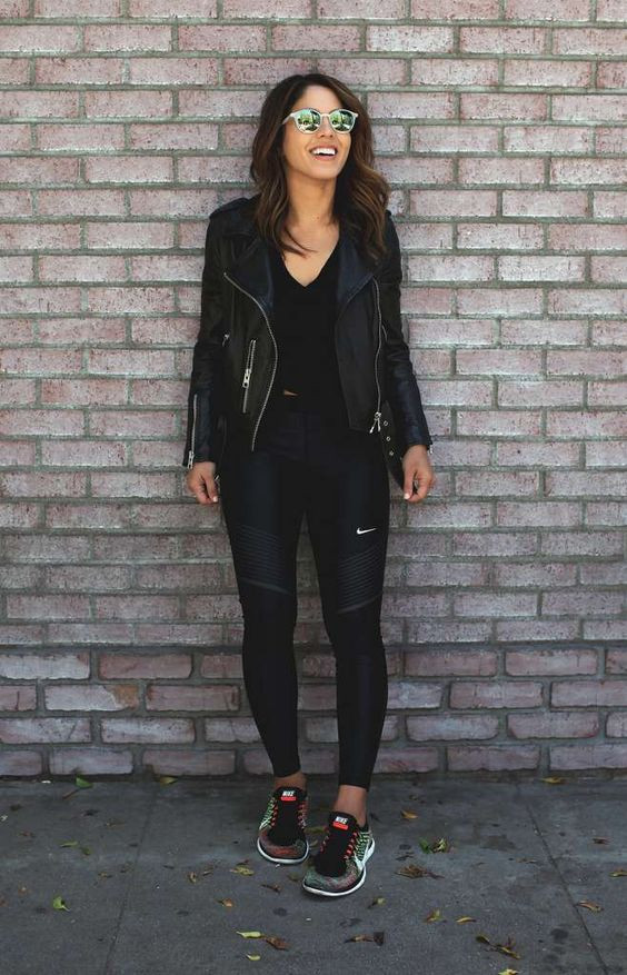 Women's Black Casual Denim Legging, Black Elegant Leather & Suede Biker Jacket - Outfit Leather Jacket For Girls: Black Leather Jacket  