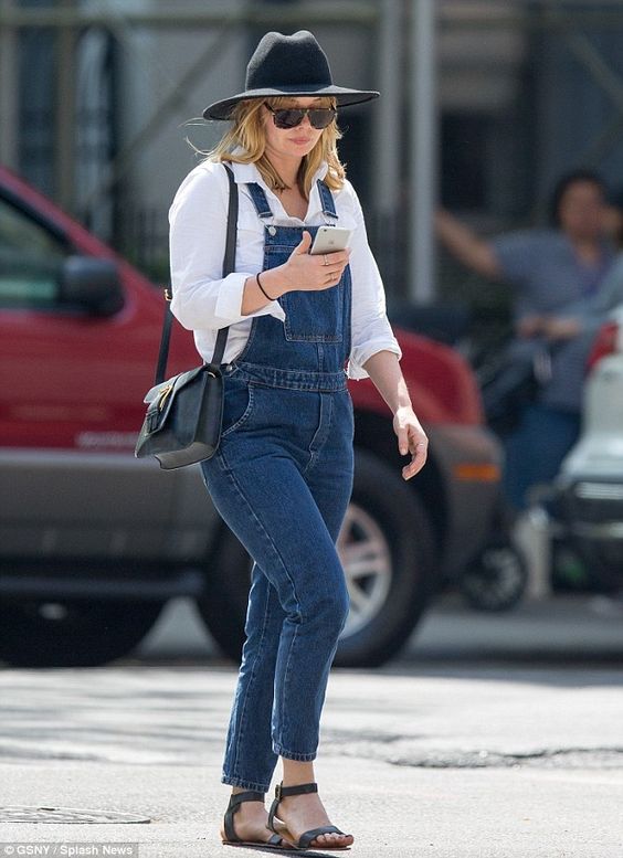 Outfit With Straw Hat And Blue Denim Overall: 