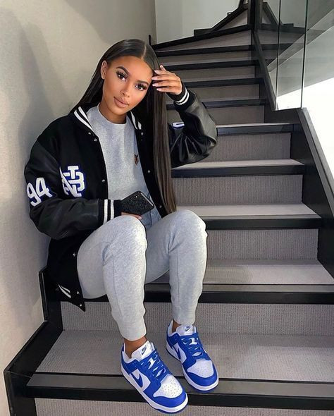 Grey Melange Casual Knitwear Trouser, Black Casual Text Textile Baseball Jacket, Dark Blue And Navy Trainer - Uk Drip Girls: 