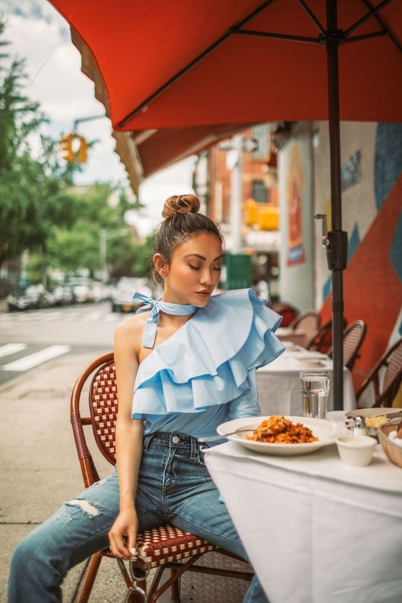 Women's Light Blue Patterned Casual Leather Trouser, Light Blue Casual Cotton Cropped Blouse, - Girl: 